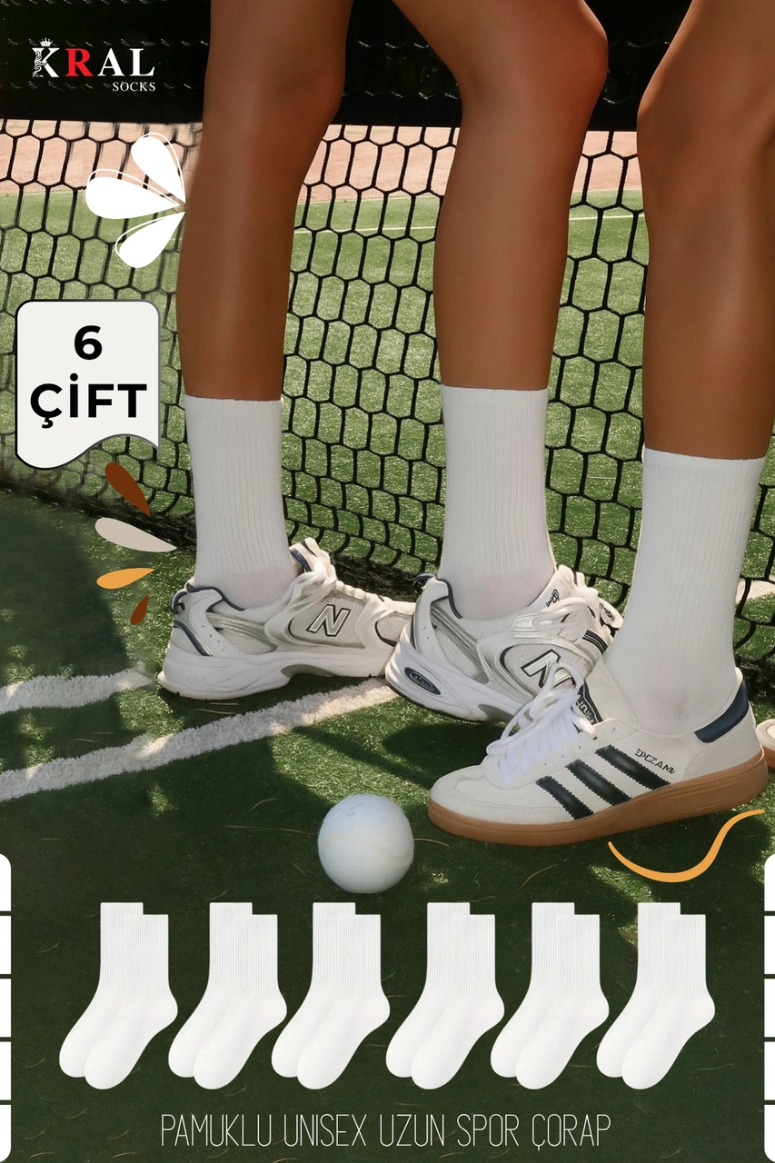 Kral Socks Unisex Beyaz 6 Çift Pamuklu Tenis Spor Uzun Soket Boy Çorap Beyaz