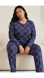 Siyah İnci Düğmeli Pamuklu Likralı Büyük Beden Battal Boy Örme Pijama Takım 26240890 Lacivert