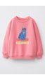 Monila Kız Çocuk 3 İplik Kumaş Pamuklu Kedi Baskılı Sweatshirt Pembe