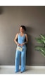 Vadon 1010 Kadın Bürümcük Dokulu Halter Yaka Crop Atlet Bol Paça Pantolon Takım Bebe Mavi