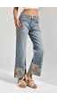 it's basic Kadın Kot Rengi 4s6-65 Straight Fit Corn Turn Up Elastan Kumaş Paça Nakışlı Tasarım Denim Jean Mavi
