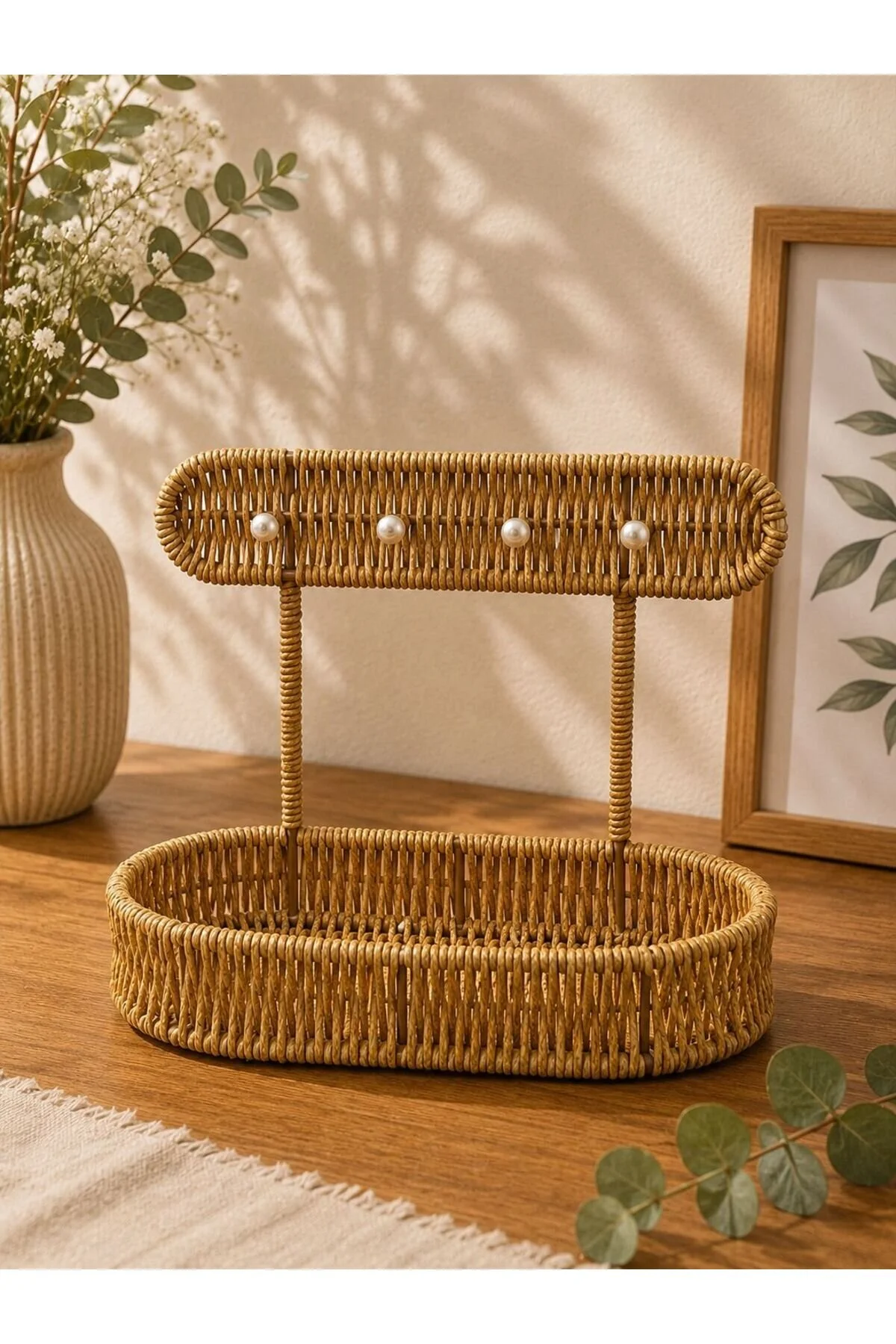 Hasır Rattan Takı Toka Organizeri Oval Düzenleyici Organizer 24 20cm Açık Kahverengi