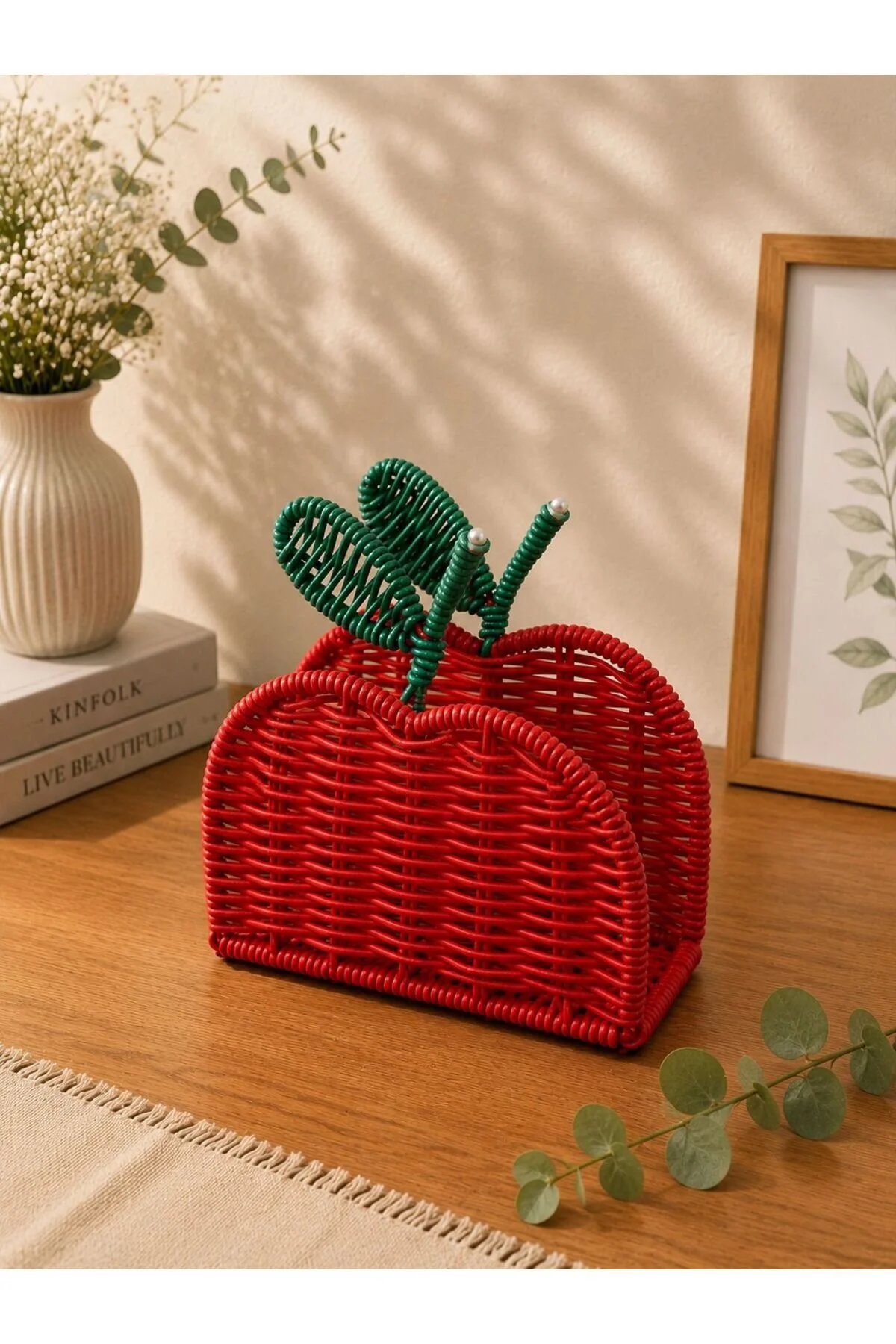 Hasır Rattan Elma Model Kırmızı Peçetelik Düzenleyici Organizer 15 14cm