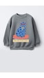 Monila Kız Çocuk 3 İplik Kumaş Pamuklu Kedi Baskılı Sweatshirt Antrasit