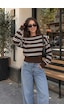 Sayzen Your Shine Trend Kayıkçı Yaka Çizgili Kadın Triko Kazak Kahverengi