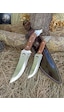 Kurtbey Outdoor Süper İkili Avcı Babalı Oğul Kurt Model Büyük Boy 30cm+22cm Ceviz Kabze Kamp Bıçağı Kahverengi