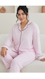 Siyah İnci Desenli Pamuklu Düğmeli Curve Büyük Beden Battal Pijama Takım Pembe Beyaz