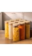 Porsima 4-3 Bambu Vakumlu Kapaklı Yuvarlak Borosilikat Cam 9lu Kavanoz Seti Saklama Kabı 2100ml 10x30cm Şeffaf
