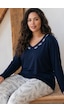 Siyah İnci Lacivert Desenli Nakışlı Büyük Beden Battal Boy Viskon Örme Pijama Takım 26224842