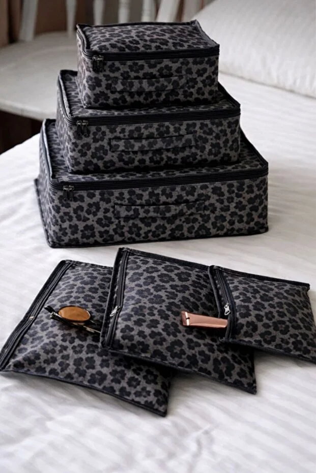 Morbebe Premium Leoparlı 6 Lı Valiz Düzenleyici Set I Seyahat Organizer Çantası I Bavul İçi Düzenleyici Siyah