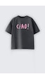 Monila Unisex Pamuklu Bisiklet Yaka Baskılı T-shirt Pembe - Gri