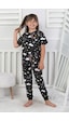 %100 Pamuk Gökkuşağı Desenli Kısa Kollu Manşetli Paça Kız Çocuk Pijama Takımı 3-8 Yaş Siyah