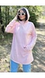 Kadın Pudra Uzun Kol, Yakası Bağcıklı, Kapüşonlu, Kanguru Cep, Salaş, Uzun Tunik Sweatshirt