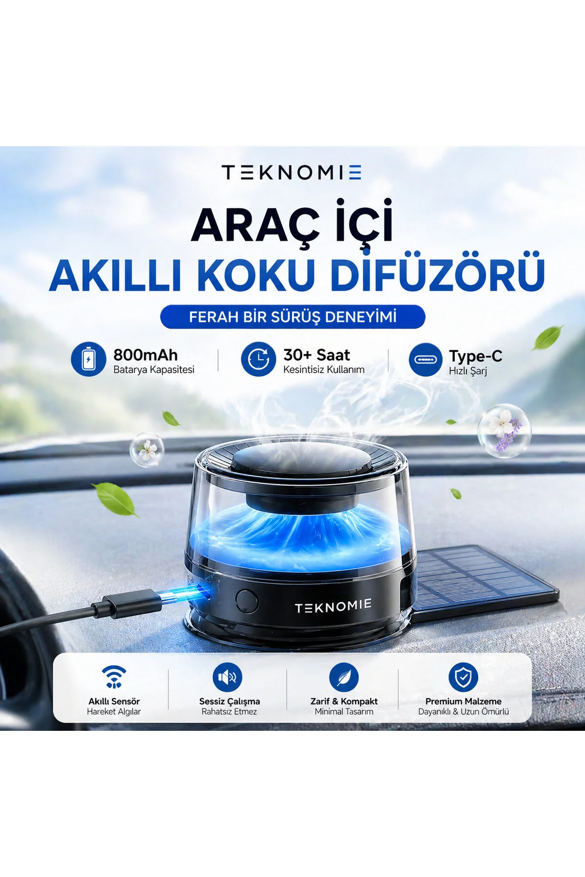 Teknomie Araç İçi Akıllı Koku Difüzörü Usb Type-c Şarjlı, 30+ Saat Kullanım, Otomatik Sensörlü, Premium Oto Parfüm Woody Fragrance