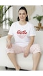 Siyah İnci Desenli Pamuklu Büyük Beden Battal Boy Örme Kapri Pijama Takım 26112849 Ekru