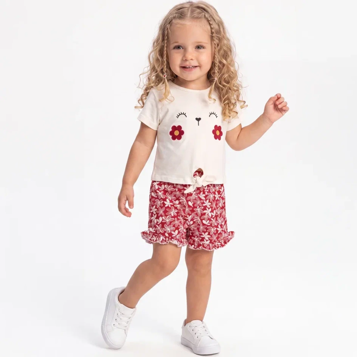 Deco Kids Wear Papatya Nakışlı Yeni Sezon Yazlık Kız Bebek Takım Kırmızı - Beyaz