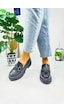 Günlük Kadın Loafer V Tokalı Kalın Topuklu Tırtıklı Tabanlı Oval Burunlu Makosen Ayakkabı 7455 - 7453 7453-siyahcilt