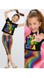 Denokids Kız Çocuk Renkli Takım Baskılı Crop Top & Varak Tayt İlkbahar Yaz 5-10 Yaş