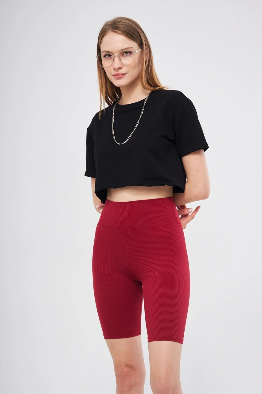 Thiff Gymwear Haki Yüksek Bel Toparlayıcı Kısa Şort Spor Fitilli Biker Tayt Kırmızı