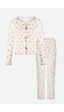 Kadın Pamuklu Çıtır Çiçek Desenli Baby Overloklu Fiyonk Detaylı Uzun Kollu Pijama Takımı Desenli