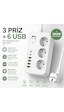 Akım Korumalı 3 Lü Priz 2 Usb-c + 4 Usb-a Hızlı Şarj, 2m Kablo, Çocuk Korumalı Çoklu Priz 0 - 2 M