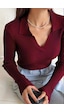 Kadın Fitilli Polo Yaka Triko Kazak Bordo