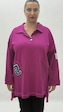 Büyük Beden Yakalı Cepli Sloganlı Uzun Kol Oversize Viskon Kadın Tunik Sweatshirt Pembe