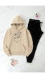 Uyguntarz Unisex Be Happy Baskılı Oversize Sweatshirt Takım Bej