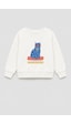 Monila Kız Çocuk 3 İplik Kumaş Pamuklu Kedi Baskılı Sweatshirt Ekru