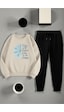 Uyguntarz Unisex Today İs The Perfect Tasarım Basklı Bisiklet Yaka Sweatshirt - 2'li Eşofman Takımı Bej