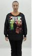 Büyük Beden Grafikli Viskon Uzun Kol Oversize Kadın Sweatshirt Siyah