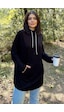 Kadın Siyah Uzun Kol, Yakası Bağcıklı, Kapüşonlu, Kanguru Cep, Salaş, Uzun Tunik Sweatshirt