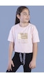 Toontoy Kids Toontoy Kız Çocuk Crop Model Kordon Detaylı Varak Baskılı Tişört Pudra