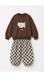 Monila Unisex Çocuk İnek Baskılı Kahverengi Sweatshirt Ve Dama Baskılı Eşofman Takım