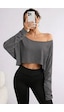 Kadın Düşük Omuz Kayık Yaka Oversize Uzun Kollu Crop T-shirt Antrasit