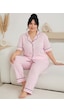 Siyah İnci Desenli Pamuklu Düğmeli Curve Büyük Beden Battal Pijama Takım Pembe Beyaz