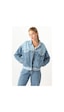 Kadın Renk Bloklu Oversize Jean Ceket Mavi 001 Kadın Renk Bloklu Oversize Jean Ceket Mavi 001
