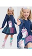 Denokids Kız Çocuk Kışlık Unicorn Desenli Tüllü Lacivert Uzun Kollu Fırfırlı Elbise 2-8 Yaş