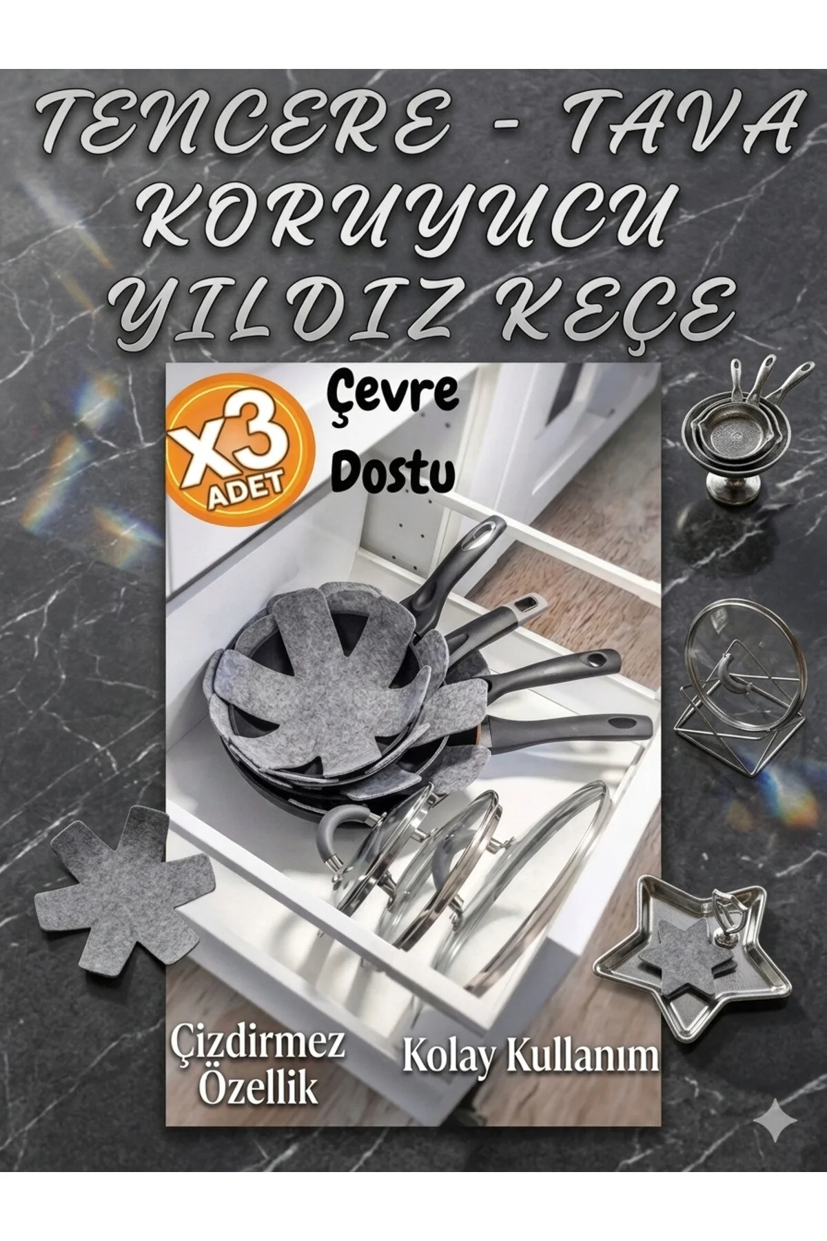 3 Adet Kalın Düzenleyici Çizdirmez Elyaf Keçe Tava, Tencere Ve Bor Cam Koruyucu 30x30 Cm Siyah - Gri