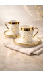2 Kişilik Lüks Beyaz Gold Yaldızlı İnci Lotus Dallı Kahve Fincan Takımı Seti 100ml
