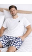 Erkek Pamuklu Kısa Kollu Palmiye Desenli Cepli Şortlu Pijama Takımı Ke77626 Lacivert - Beyaz