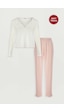 Kadın Soft Touch Fitilli Kalp Detaylı Uzun Kollu Pijama Takımı Kk70640 Ekru - Pembe