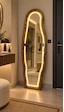 Ledli Doğal Ahşap Çerçeveli 180x60 Cm Ceviz Asimetrik Ayaklı Boy Aynası