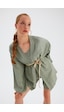 Sateen Kuşak Detaylı Salaş Kimono- Yeşil