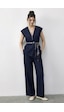 Shade Kadın Kruvaze Yaka Saten Kuşaklı Yelek Bol Pantolon Alt-üst Denim Takım 9415 60286044 - Lacivert