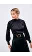 Sateen Yaka Detaylı Saten Bluz - Siyah