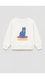 Monila Kız Çocuk 3 İplik Kumaş Pamuklu Kedi Baskılı Sweatshirt Ekru