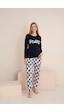 Rindahomewear Kadın Rules Ayıcık Baskılı Süprem Uzun Kol Pijama Takımı Lacivert1
