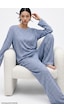 Siyah İnci Leopar Baskılı Örme Pijama Takım 8078 Mavi Leopar