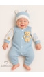 Babyden's Teddy Bear Temalı Yenidoğan Fitilli Tulum Takımı Ayıcıklı Erkek Bebek Tulum Şapka Set %100pamuk Mavi